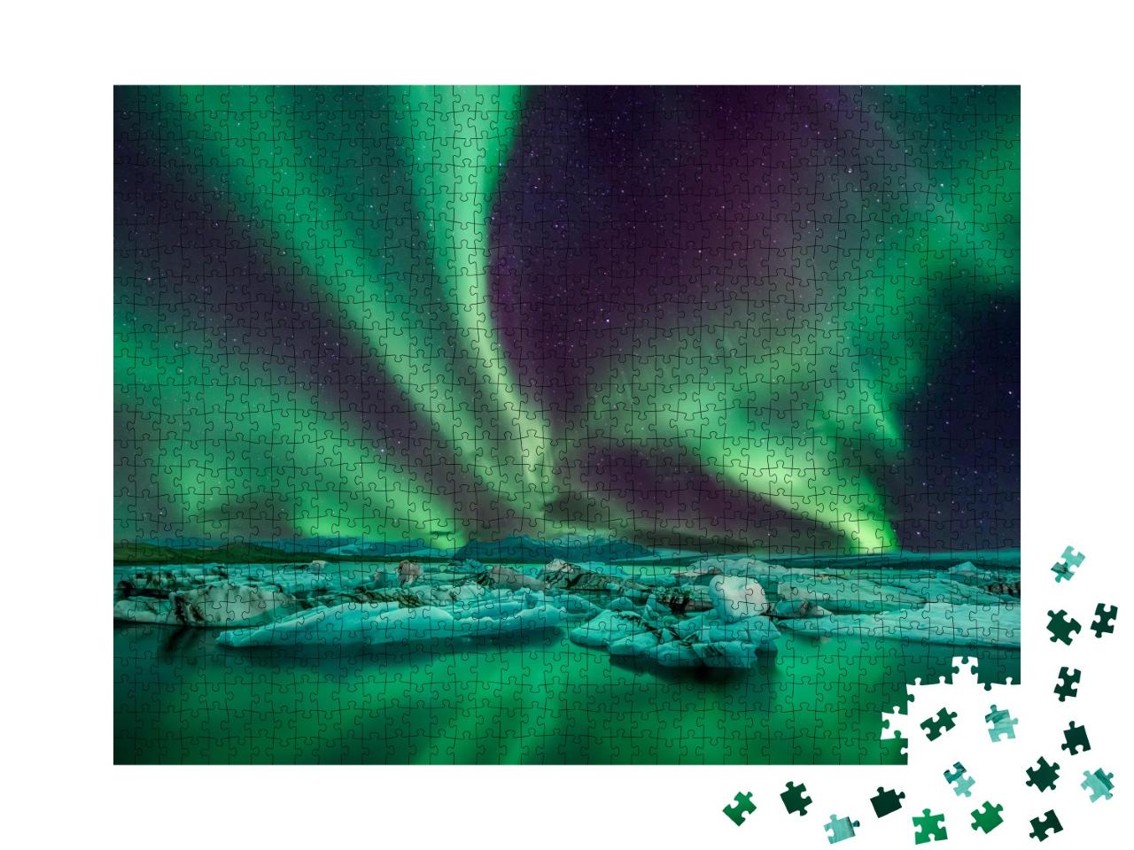Puzzle 1000 Teile „Eine wunderbare Nacht mit Kp 5 Nordlichtern über der Gletscherlagune in Island“