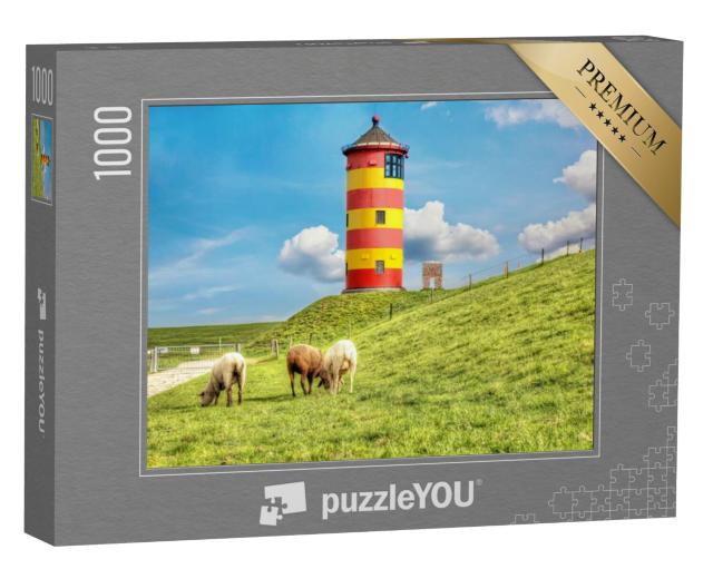 Puzzel 1000 stukjes „Schapen voor de vuurtoren van Pilsum aan de Duitse Noordzeekust“