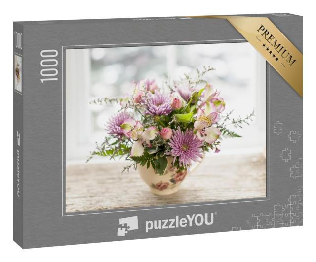 Puzzle 1000 Teile „Blumenstrauß aus bunten Blumen in kleiner Vase“