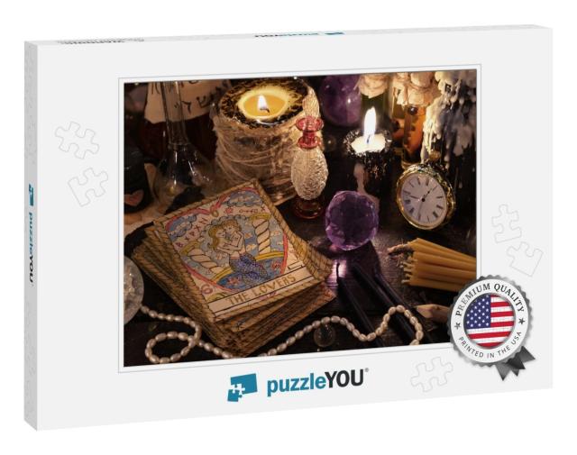 The Tarot Cards with Crystal, Black Candles & Ma... Jigsaw Puzzle