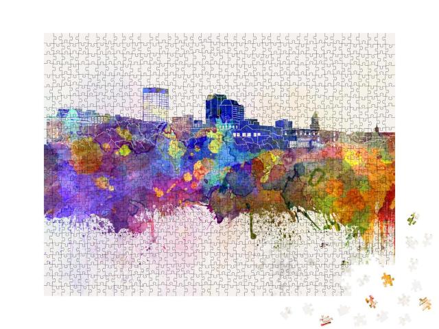 Puzzle 1000 Teile „Digitale Kunst: Skyline von Manchester im Aquarell-Hintergrund“