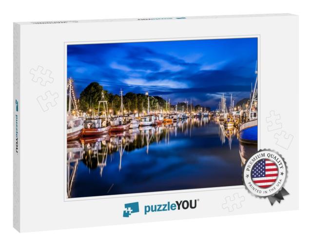 Night View of Canal with Ships & Baltic Sea in Warnemunde... Jigsaw Puzzle