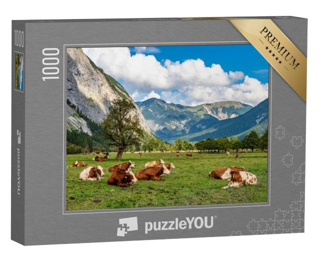 Puzzel 1000 stukjes „Koeienweide en esdoorns in Ahornboden, Karwendelgebergte, Tirol“