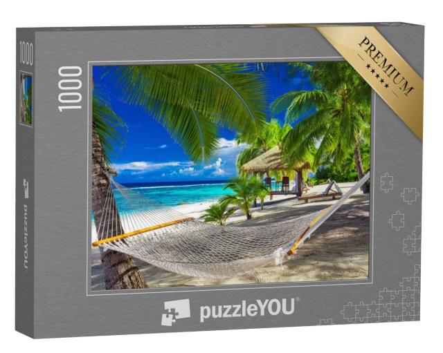 Puzzel 1000 stukjes „Hangmat tussen palmbomen op een levendig tropisch strand, Cookeilanden“