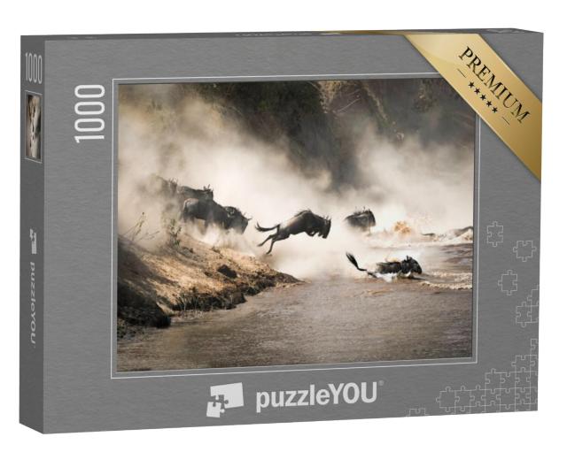 Puzzel 1000 stukjes „Spectaculaire opname van gnoes die de Mara-rivier oversteken, Kenia“