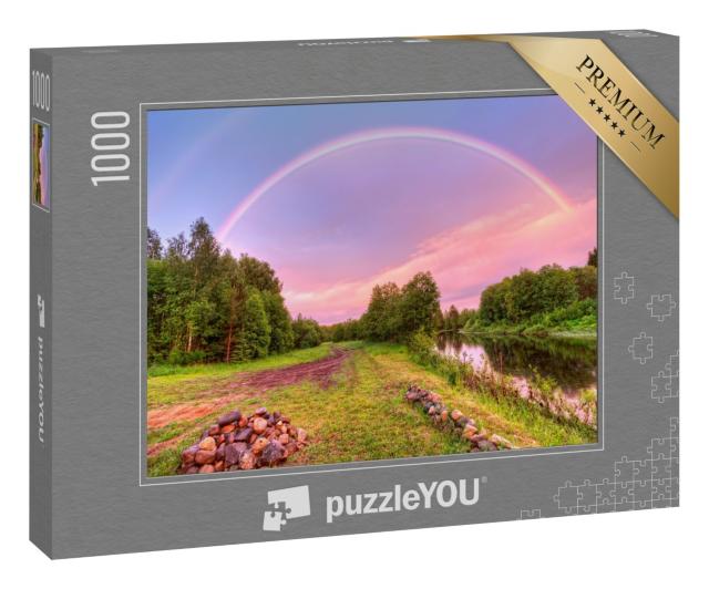 Puzzle 1000 Teile „Wunderschöner Regenbogen über der ländlichen Archangelskij Region, Russland“