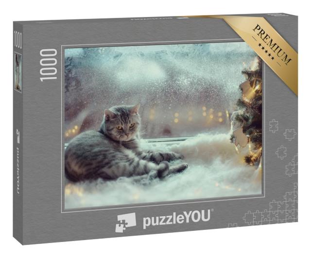 Puzzle 1000 Teile „Katze im Winterfenster“