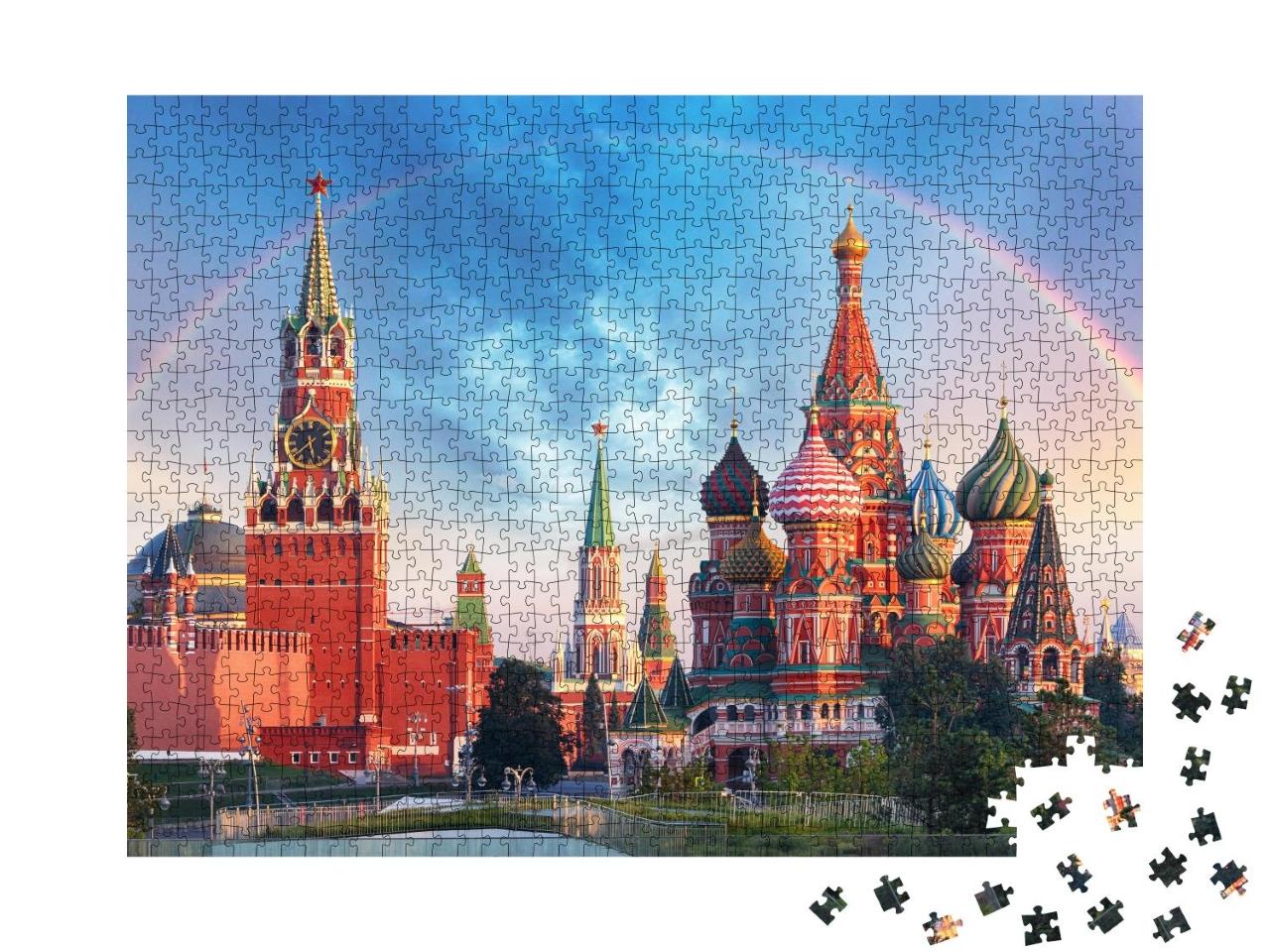 Puzzle 1000 Teile „Panoramablick auf den Roten Platz mit Moskauer Kreml und Regenbogen“