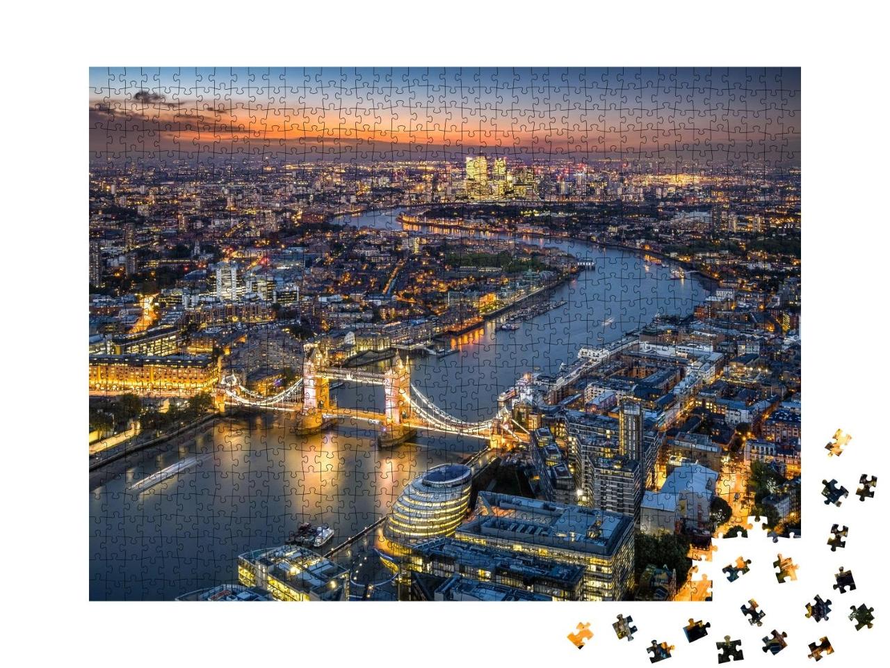 Puzzle 1000 Teile „Londoner Skyline mit Tower Bridge bei Dämmerung“