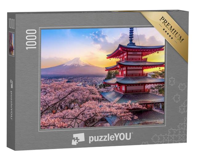 Puzzel 1000 stukjes „Kersenbloesem op de berg Fuji en de Chureito-pagode bij zonsondergang, Japan“