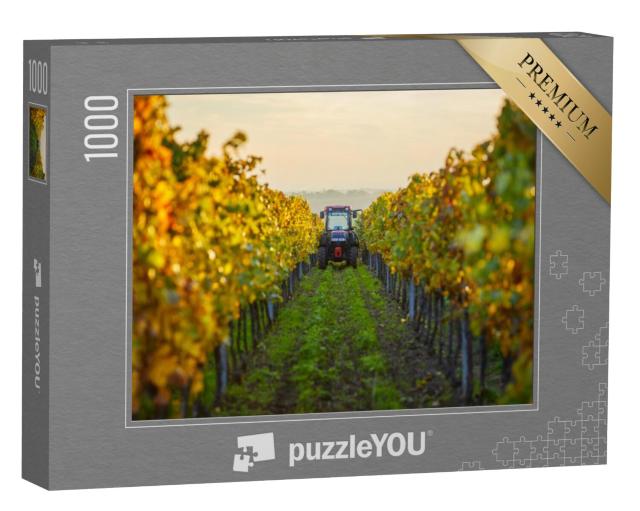 Puzzel 1000 stukjes „Herfstrijen van wijnstokken met een tractor“