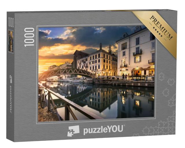 Puzzel 1000 stukjes „Brug over het Naviglio Grande-kanaal in de avond, Milaan, Italië“