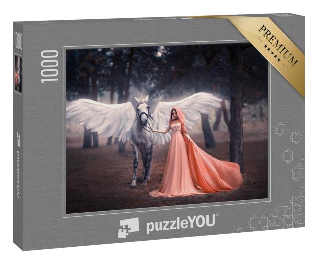 Puzzle 1000 Teile „Künstlerische Fotografie: Junge Elfenfrau  mit ihrem geflügelten Einhorn“