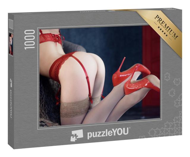 Puzzle 1000 Teile „Erotische Kunst: Elegante rote Dessous und Highheels“