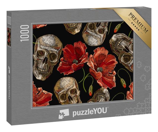 Puzzle 1000 Teile „Gothic-Motiv Stickerei menschlicher Schädel und rote Mohnblumen“