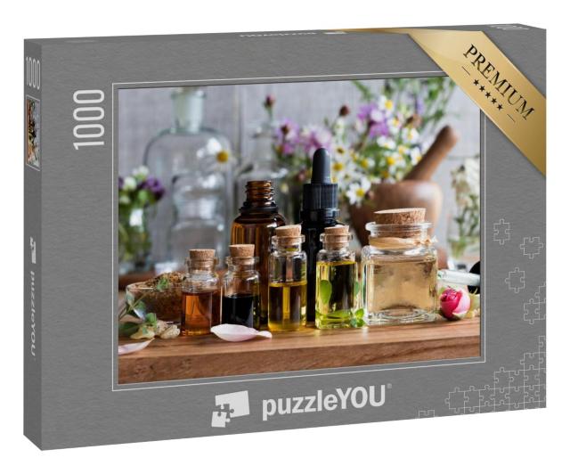 Puzzle 1000 Teile „Auswahl an ätherischen Ölen, im Hintergrund verschiedene Kräuter und Blumen“