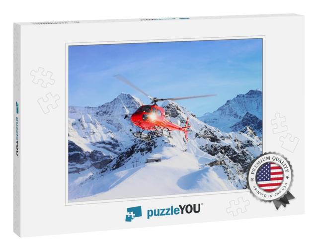Red Helicopter Flying in Swiss Alps Mountain Mannlichen i... Jigsaw Puzzle