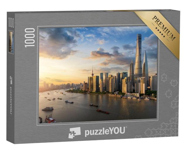 Puzzel 1000 stukjes „Uitzicht over de Huangpu rivier naar de skyline van Shanghai“