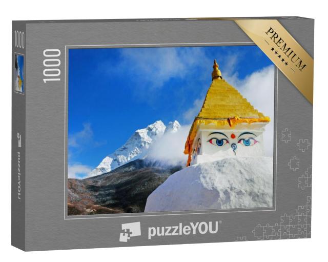 Puzzel 1000 stukjes „Boeddhistische stoepa en gebedsvlaggen, met daarachter het Himalayagebergte“