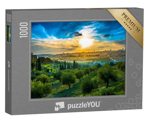 Puzzel 1000 stukjes „Sfeervolle zonsondergang over de Oude Stad en de Olijfberg in Jeruzalem, Israël“