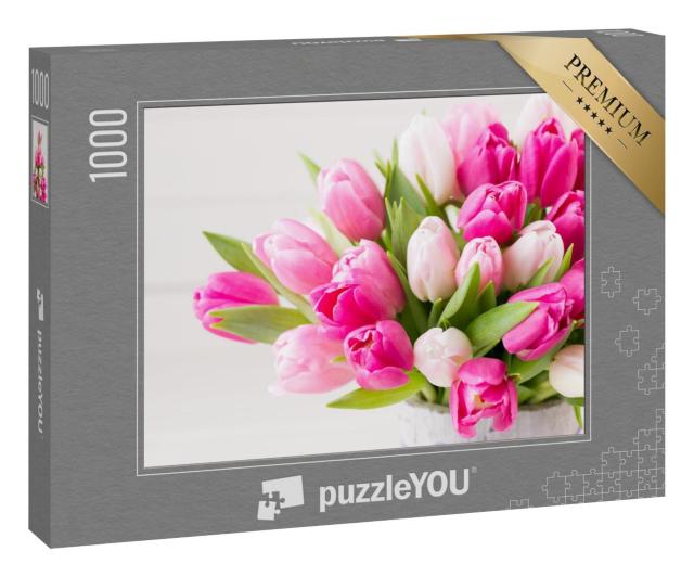 Puzzle 1000 Teile „Ostern: rosa Tulpen vor weißem Hintergrund“
