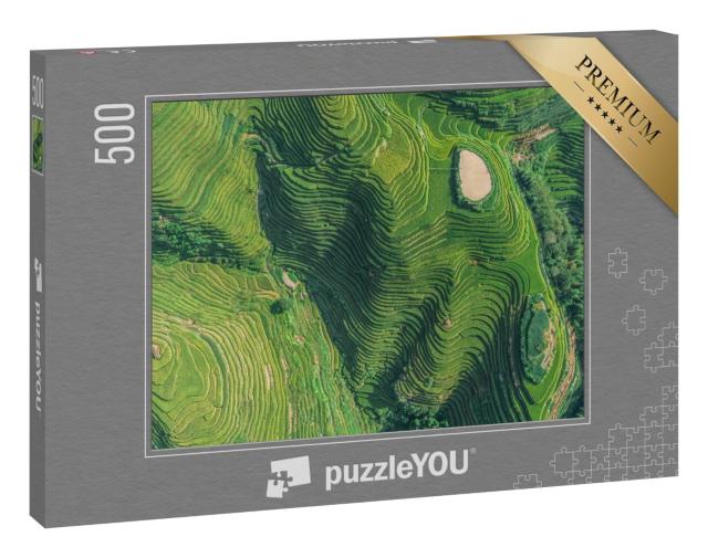 Puzzle 500 Teile „Luftaufnahme von frischen grünen und gelben Reisfeldern, Kreis Longsheng, China“