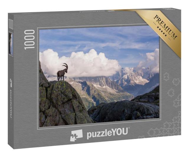 Puzzle 1000 Teile „Wilde Steinböcke vor der ikonischen Mont-Blanc-Bergkette an einem Sommertag“