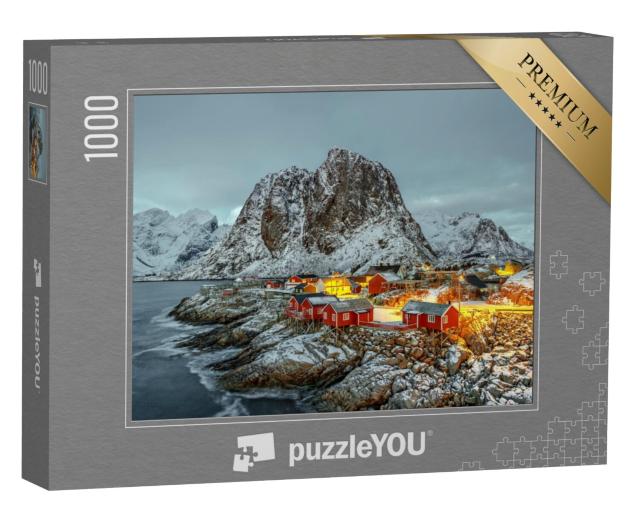 Puzzel 1000 stukjes „Vissershut bij zonsondergang, panorama van de Lofoten, Noorwegen“