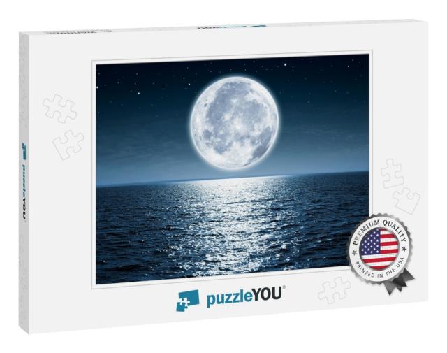 Full Moon Rising Over Empty Ocean At Night with Copy Spac... Jigsaw Puzzle