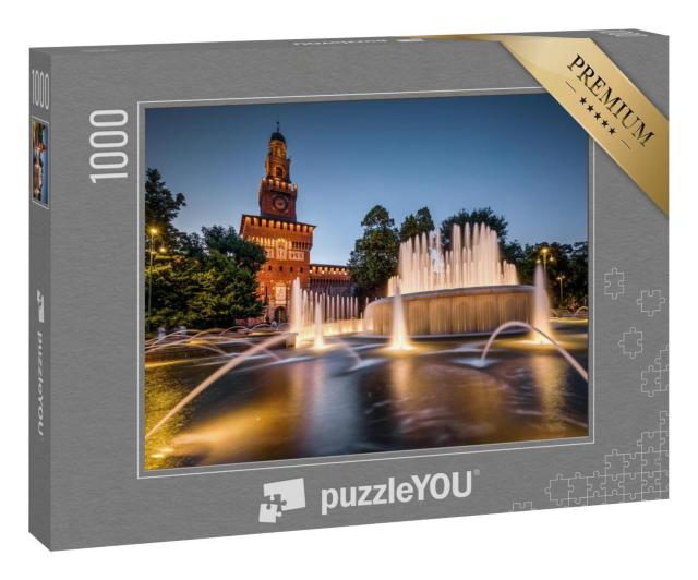 Puzzle 1000 Teile „Castello Sforzesco mit abendlich beleuchtetem Brunnen, Mailand, Italien“