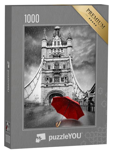 Puzzel 1000 stukjes „Rode paraplu op de Tower Bridge in Londen, zwart-wit“