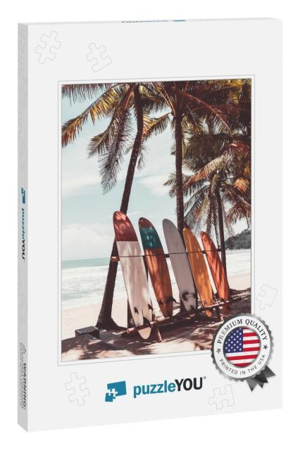 Surfboard & Palm Tree on Beach Background. Travel Adventu... Jigsaw Puzzle