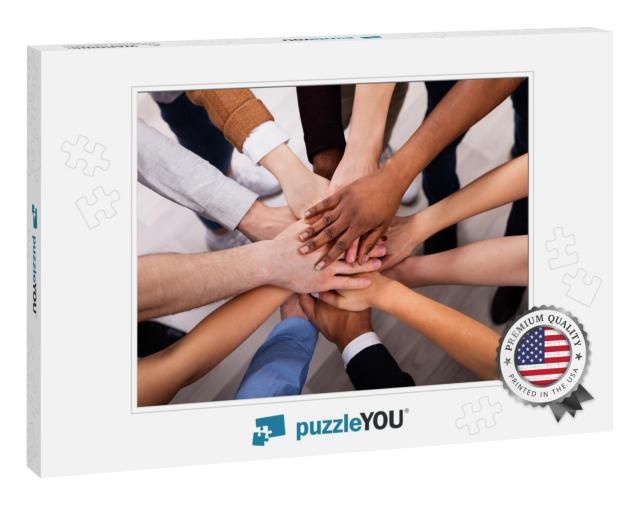 High Angle View of Multiracial Friend Stacking Hand Toget... Jigsaw Puzzle