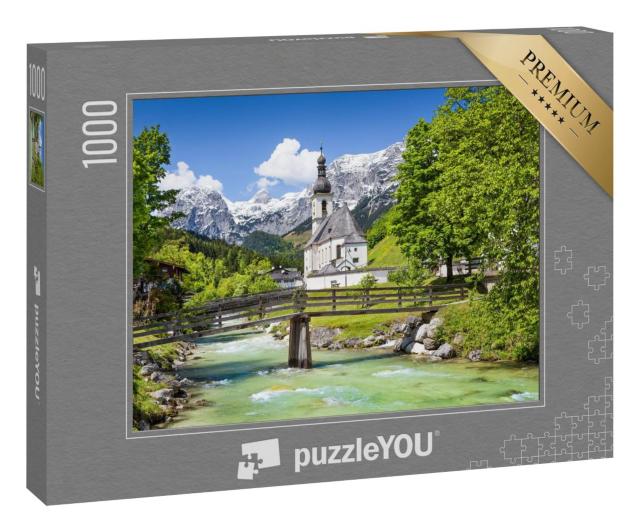 Puzzle 1000 Teile „Malerische Berglandschaft mit Pfarrkirche St. Sebastian im Dorf Ramsau“