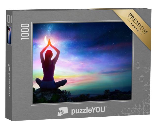 Puzzel 1000 stukjes „Vrouw die yoga doet met lotusbloemen en chakrakleurverloop“