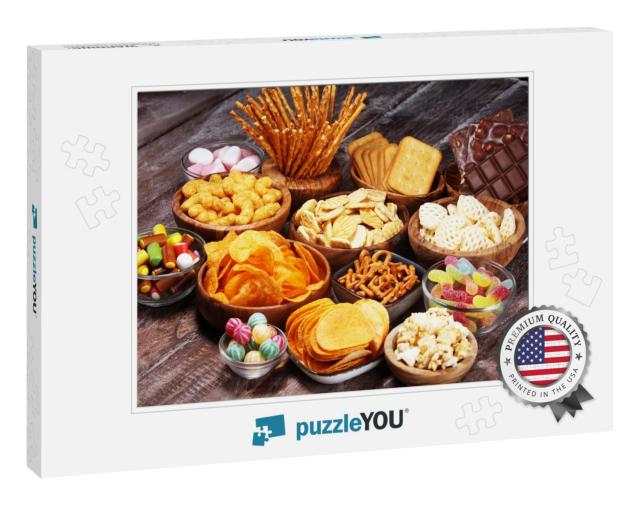 Salty Snacks. Pretzels, Chips, Crackers in Wooden Bowls... Jigsaw Puzzle