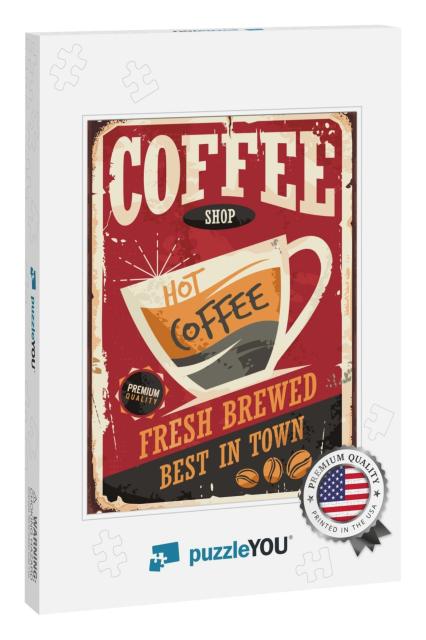 Coffee Shop Retro Tin Sign Vector Illustration on Red Bac... Jigsaw Puzzle