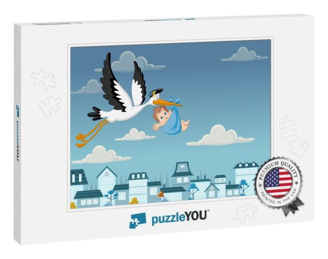 Cartoon Stork Delivering a Newborn Baby Boy... Jigsaw Puzzle
