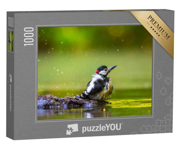 Puzzel 1000 stukjes „Close-up van een grote bonte specht badend in het bos“