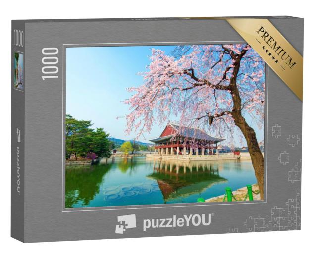 Puzzel 1000 stukjes „Gyeongbokgung Paleis tijdens het kersenbloesemseizoen, Korea“