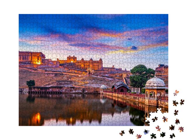 Puzzle 1000 Teile „Amber Fort und Maota bei Sonnenuntergang, Jaipur, Rajasthan, Indien“