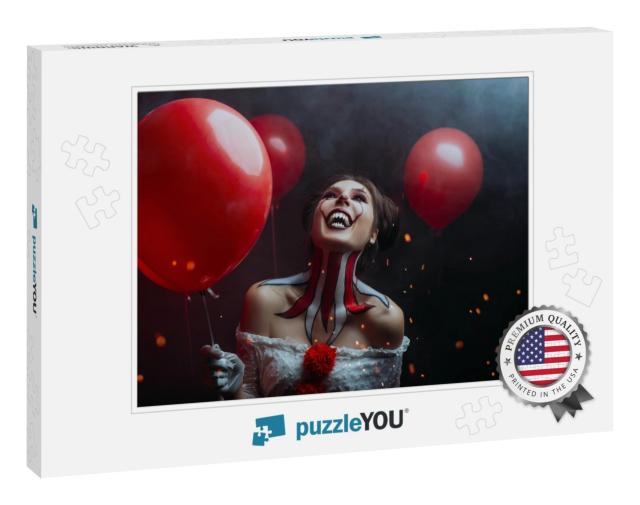 Close-Up Portrait Female Clown Woman Scary Crazy Smiling... Jigsaw Puzzle