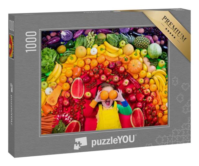 Puzzle 1000 Teile „Mädchen mit einer Vielzahl von Obst und Gemüse“