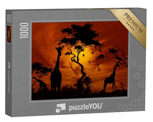 Puzzel 1000 stukjes „Giraffen in de gloedvolle zonsondergang“