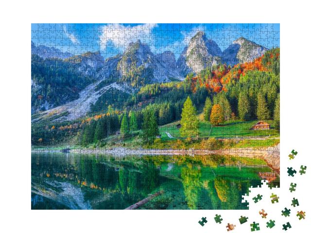 Puzzle 1000 Teile „Bunte Herbstlandschaft mit Dachsteingipfel am Gosausee, Oberösterreich“