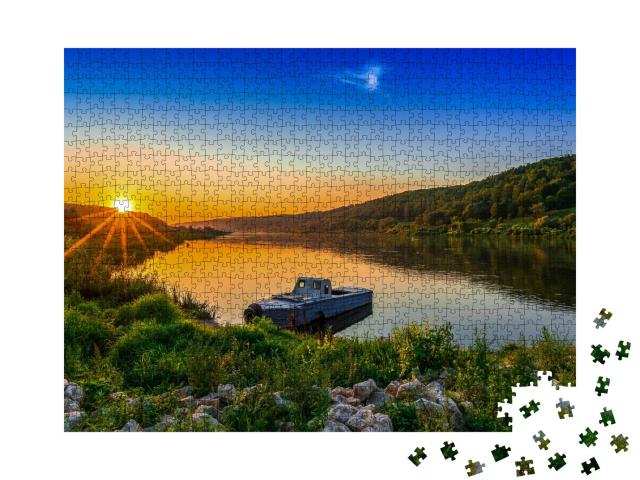 Puzzle 1000 Teile „Flussboot im goldenen Sonnenuntergang“