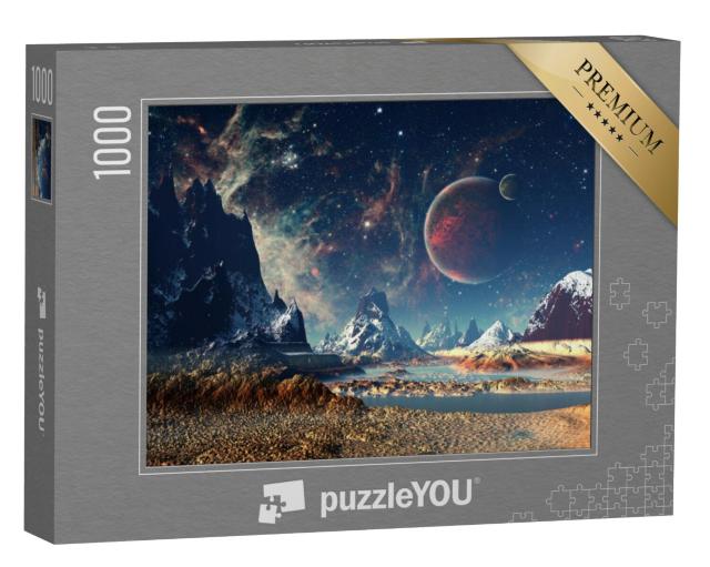 Puzzel 1000 stukjes „Buitenaardse planeet met maan en bergen“