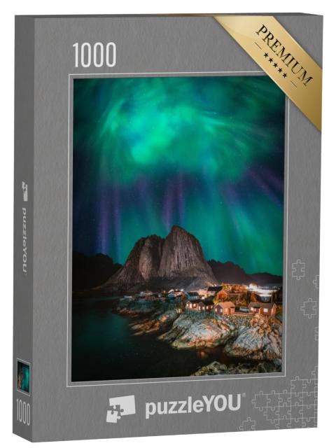 Puzzel 1000 stukjes „Noorderlicht boven het vissersdorp Hamnøy, Noorwegen“