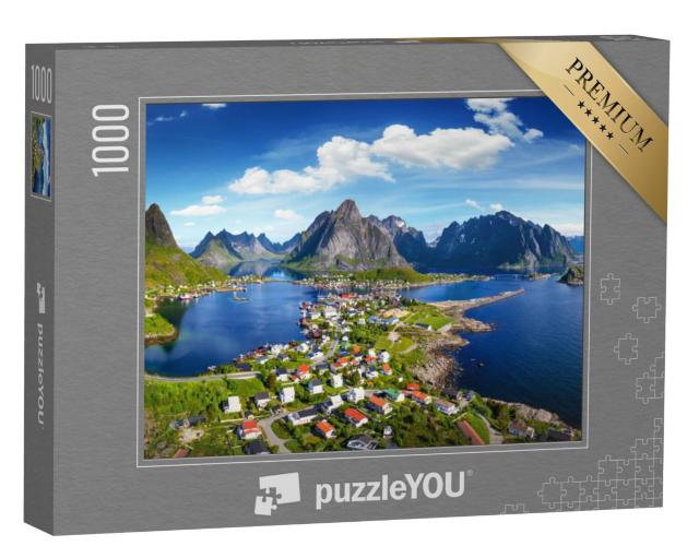 Puzzel 1000 stukjes „Reine dorp onder een zonnige blauwe hemel, Lofoten, Noorwegen“