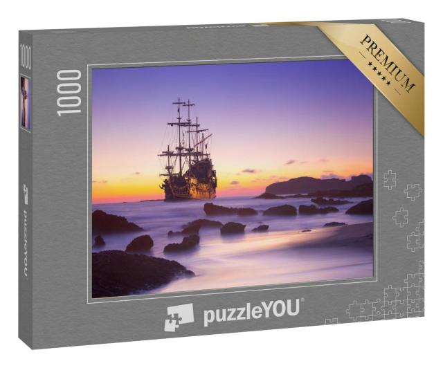 Puzzle 1000 Teile „Piratenschiff verlässt die Insel im Sonnenuntergang“